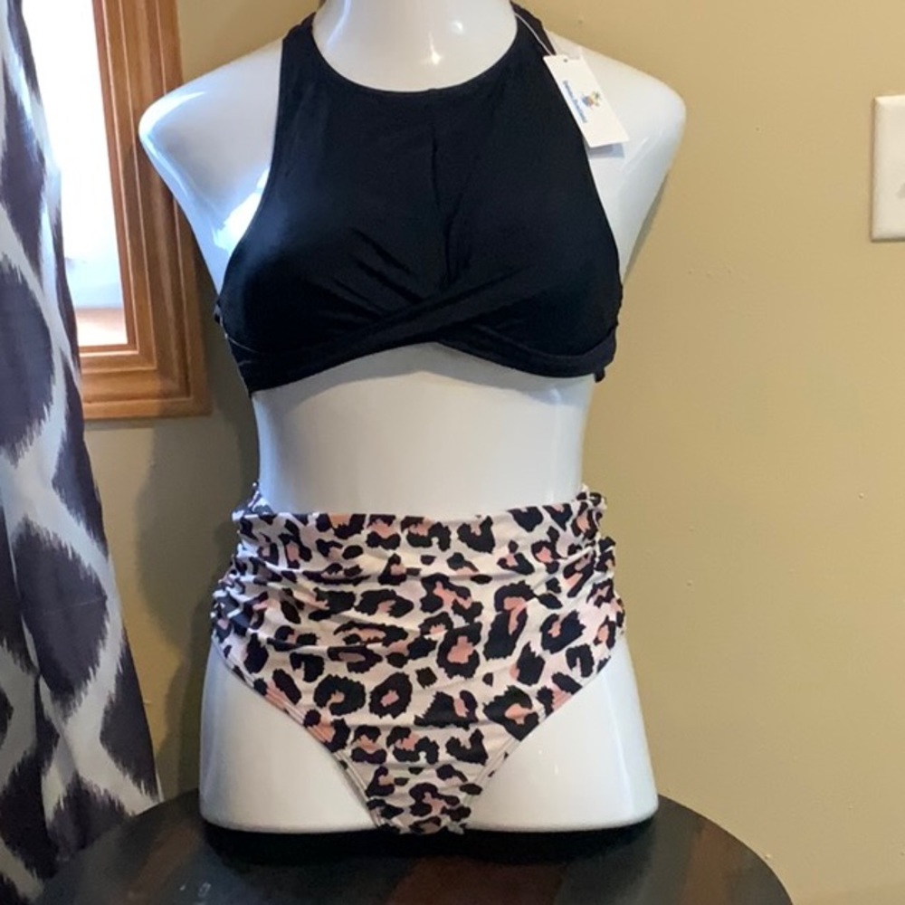 High ruched waisted, 2 piece bathing suit, cheetah print bottoms, racer back